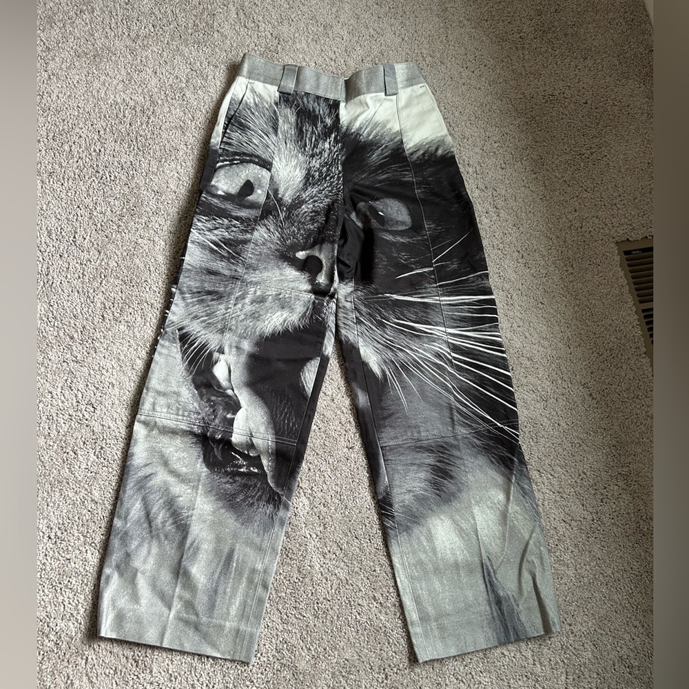 Tory Burch Cat Printed Cargo Pant Jean Gray Cat Portrait Size 29